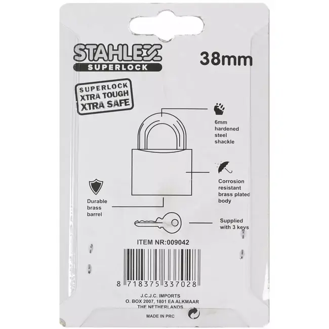 Stahlex Hangslot 38 mm - geharde beugel - goudkleurig - inclusief 3 sleutels