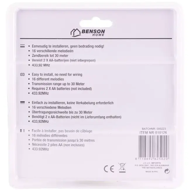 Benson Draadloze deurbel - compact - 16 melodieën - wit - zendbereik 30 meter