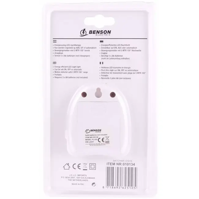 Benson 2-in-1 nachtlampje met sensor en zaklampfunctie - batterijgevoed - compact formaat - helder wit licht - 5m bereik