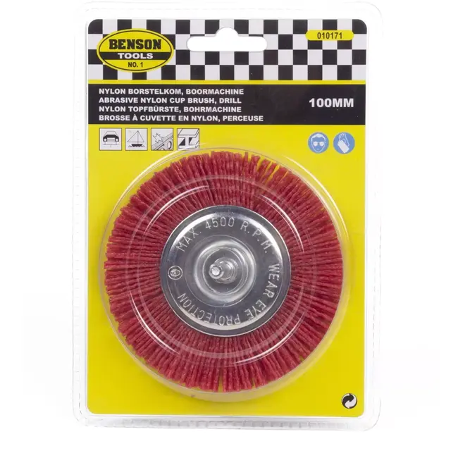 Benson Nylon schijfborstel - 100 mm - Ø 6 mm schacht - Rood - Voor hout, metaal en PVC