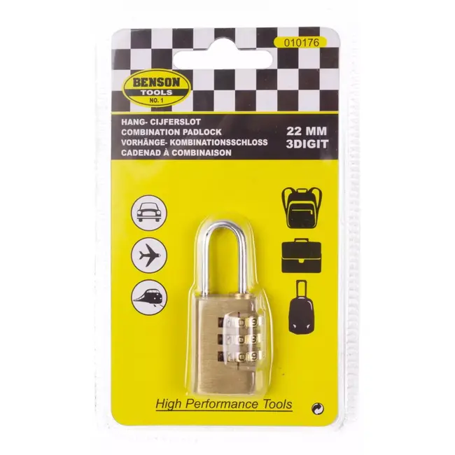 Benson Compact hangslot - 3-cijferige code - messing - 22 mm