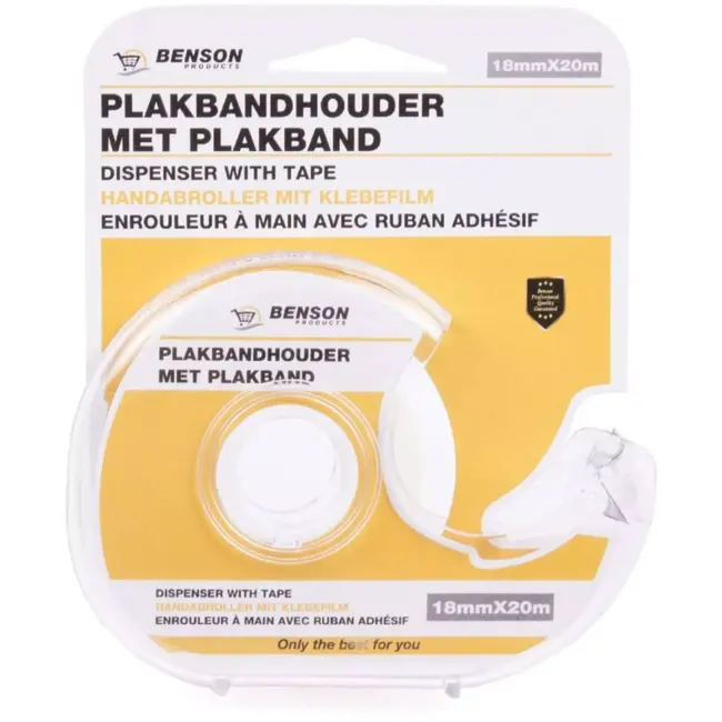 Benson Plakbandhouder met transparant plakband - 18 mm x 20 meter - sterk klevend - duurzaam plastic