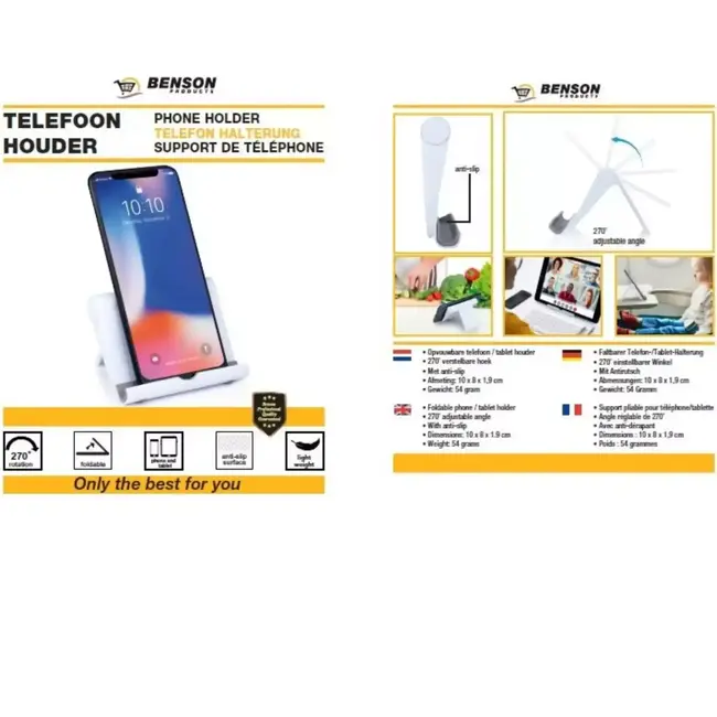 Benson Verstelbare telefoonhouder - 270° hoek - anti-slip - compact en opvouwbaar - zwart, grijs of wit