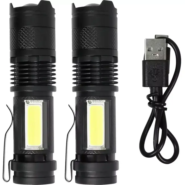 Benson Set van 2 oplaadbare zaklampen - 3W LED + COB zijlicht - USB-C - 100 lm - 26x26x100 mm - ABS materiaal