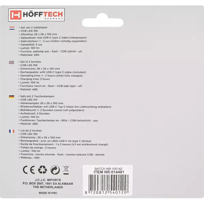Benson Set van 2 oplaadbare zaklampen - 3W LED + COB zijlicht - USB-C - 100 lm - 26x26x100 mm - ABS materiaal