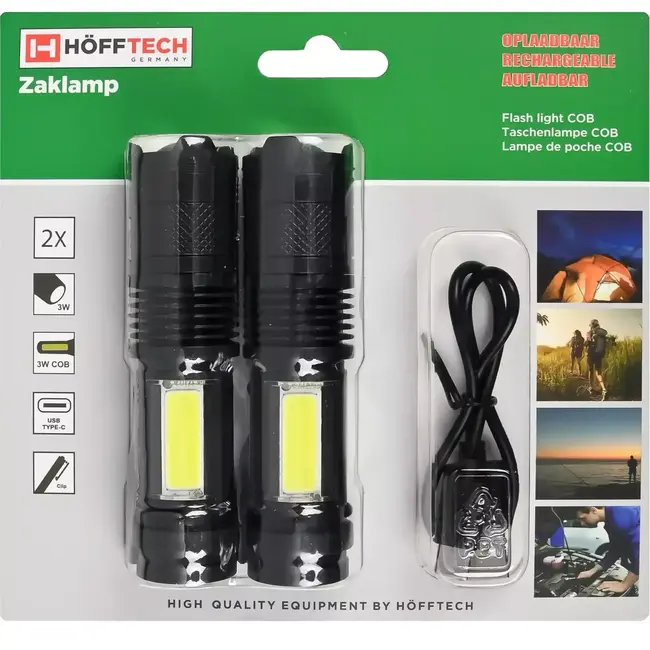 Benson Set van 2 oplaadbare zaklampen - 3W LED + COB zijlicht - USB-C - 100 lm - 26x26x100 mm - ABS materiaal