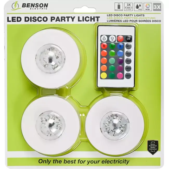 Benson LED disco party licht - RGB LED - afstandsbediening - 3 stuks - ø 80 mm - IP20