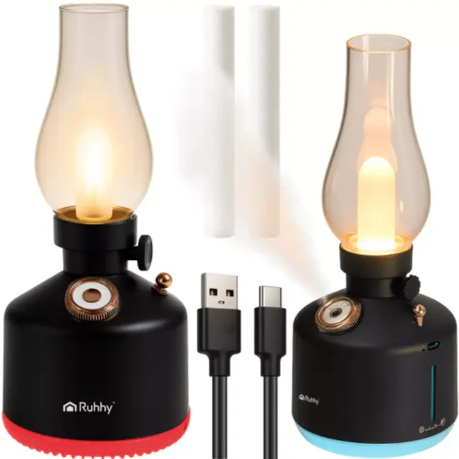 Ruhhy Retro luchtbevochtiger met nachtlamp en 14 LED-kleuren – stil, veilig en oplaadbaar