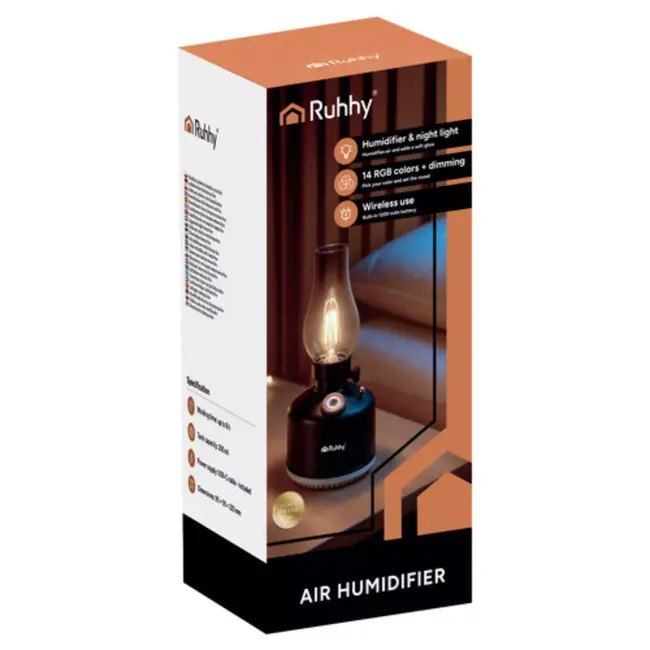 Ruhhy Retro luchtbevochtiger met nachtlamp en 14 LED-kleuren – stil, veilig en oplaadbaar