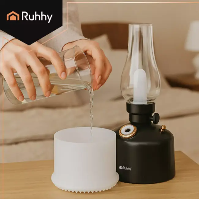 Ruhhy Retro luchtbevochtiger met nachtlamp en 14 LED-kleuren – stil, veilig en oplaadbaar