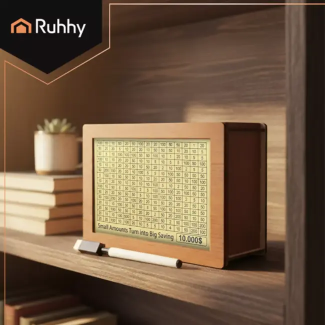 RUHHY houten spaarpot met spaarchallenge en 5 kaarten – motiverend spaardoel van 10.000