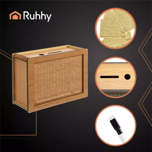 RUHHY houten spaarpot met spaarchallenge en 5 kaarten – motiverend spaardoel van 10.000