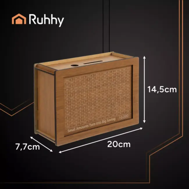 RUHHY houten spaarpot met spaarchallenge en 5 kaarten – motiverend spaardoel van 10.000