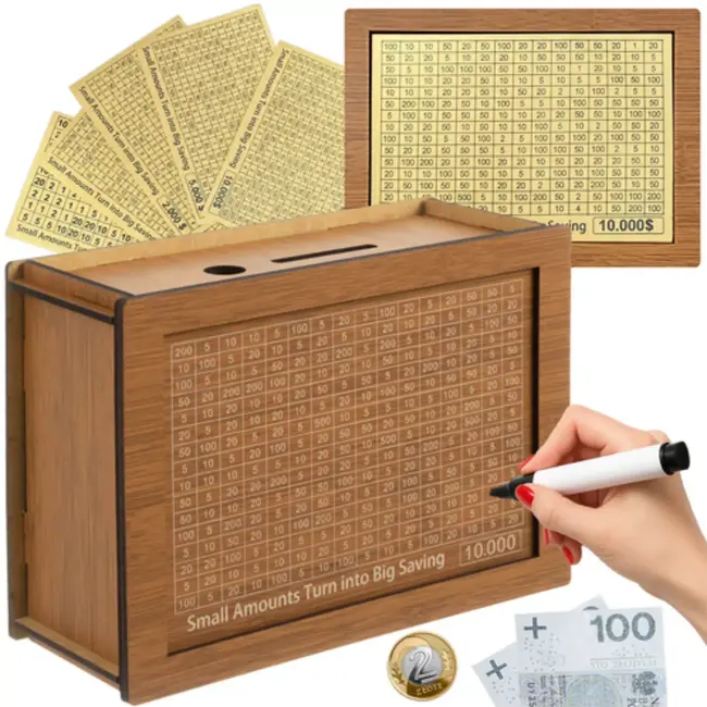 RUHHY houten spaarpot met spaarchallenge en 5 kaarten – motiverend spaardoel van 10.000