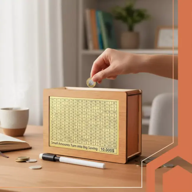 RUHHY houten spaarpot met spaarchallenge en 5 kaarten – motiverend spaardoel van 10.000