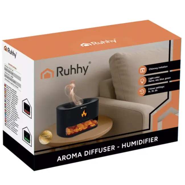 RUHHY aroma diffuser 250 ml met LED haardvlam-effect, timer en automatische uitschakeling