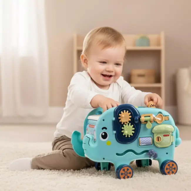 Kruzzel Educatieve interactieve olifant – Montessori speelgoed met hamer, vormen en tandwielen – vanaf 18 maanden