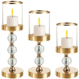 Ruhhy Kandelaars set van 3 stuks – gouden glazen lantaarns met spiegelend effect en kristalaccenten