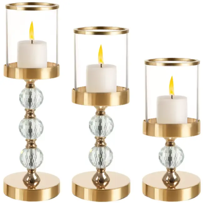 RUHHY kandelaars set van 3 stuks – gouden glazen lantaarns met spiegelend effect en kristalaccenten