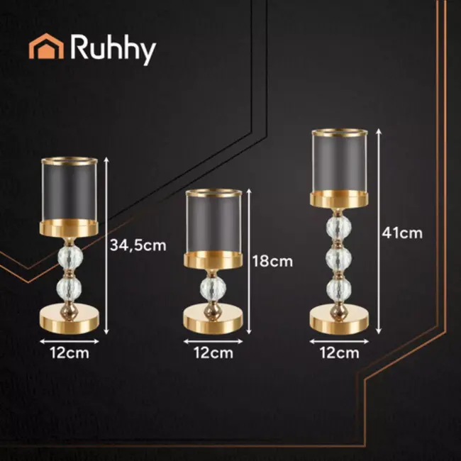 RUHHY kandelaars set van 3 stuks – gouden glazen lantaarns met spiegelend effect en kristalaccenten