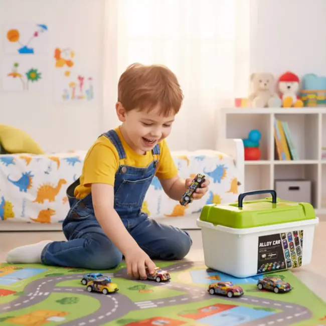 Ruhhy Kleurrijke metalen speelgoedauto’s – Set van 50 – met trekfunctie in handige opbergkoffer