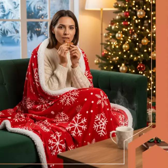 Ruhhy Dubbelzijdige flanellen kerstdeken 130x170 cm – met sneeuwvlokken en satijnen lint