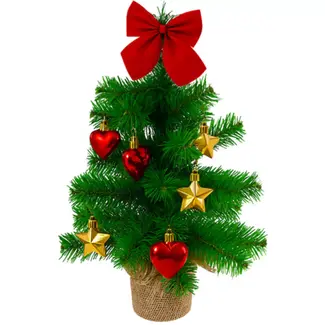 Ruhhy Compacte kunstkerstboom met hartjes, sterren en jute voet – direct klaar voor gebruik  – 45 cm
