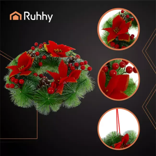 Ruhhy Kerstkrans met realistische groene decoratie voor deur, tafel of open haard – 30 cm