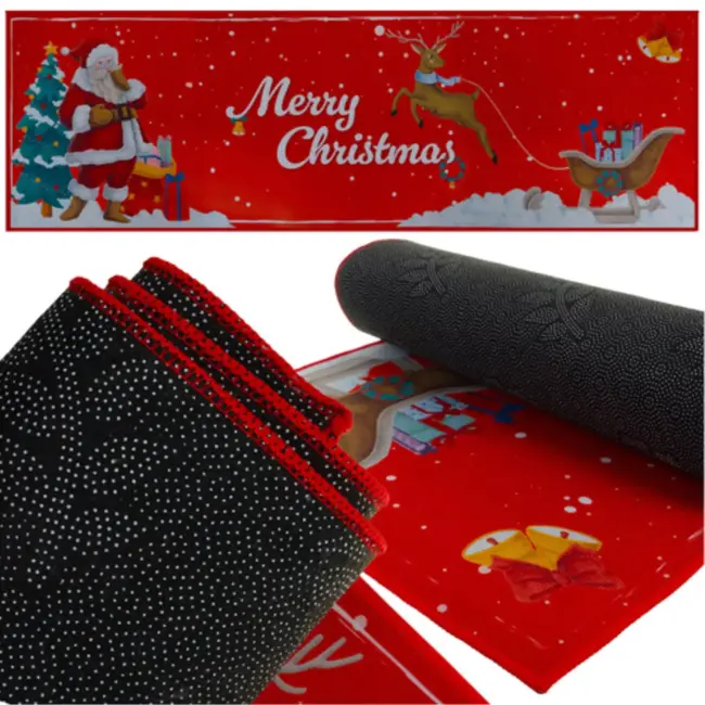 Ruhhy Feestelijke kerstloper 160x50 cm – zachte rode antislip mat met Merry Christmas motief voor keuken of hal