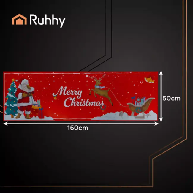 Ruhhy Feestelijke kerstloper 160x50 cm – zachte rode antislip mat met Merry Christmas motief voor keuken of hal