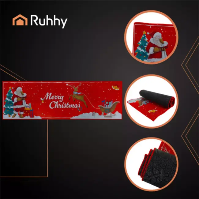 Ruhhy Feestelijke kerstloper 160x50 cm – zachte rode antislip mat met Merry Christmas motief voor keuken of hal
