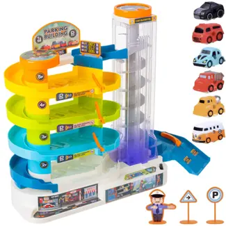 Ruhhy Interactieve speelgoedgarage met spiraallift, 5 niveaus en 6 auto’s – handmatig of elektrisch bedienbaar