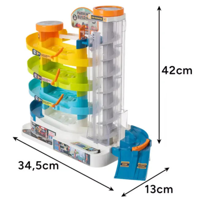 Ruhhy Interactieve speelgoedgarage met spiraallift, 5 niveaus en 6 auto’s – handmatig of elektrisch bedienbaar