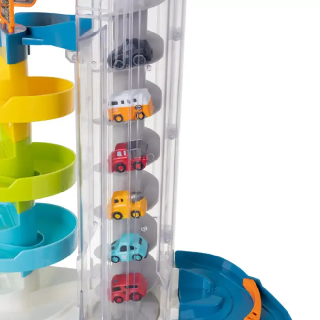 Ruhhy Interactieve speelgoedgarage met spiraallift, 5 niveaus en 6 auto’s – handmatig of elektrisch bedienbaar