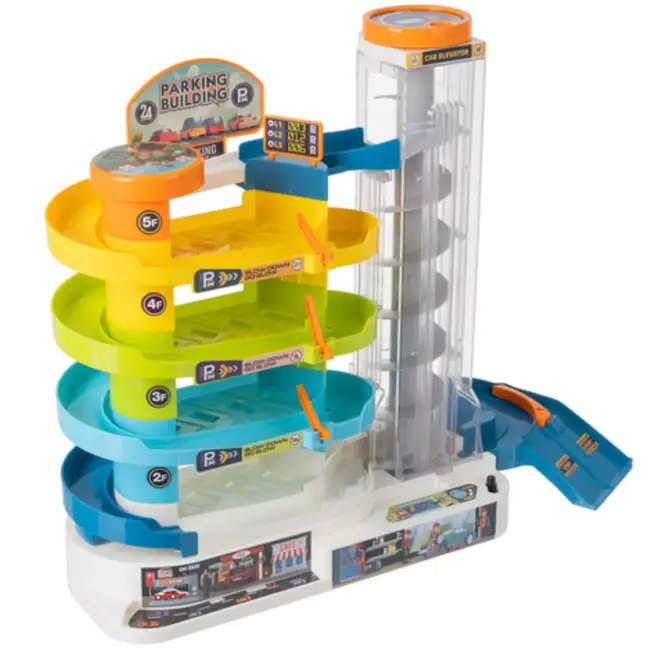 Ruhhy Interactieve speelgoedgarage met spiraallift, 5 niveaus en 6 auto’s – handmatig of elektrisch bedienbaar