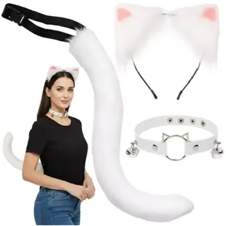 Ruhhy Complete kattenaccessoireset met witte oortjes, pluizige staart en halsband met belletjes