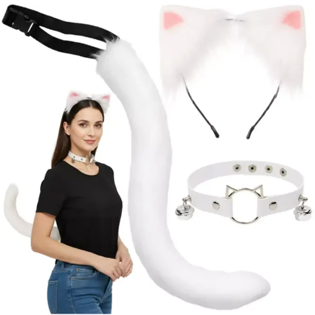 Ruhhy Complete kattenaccessoireset met witte oortjes, pluizige staart en halsband met belletjes