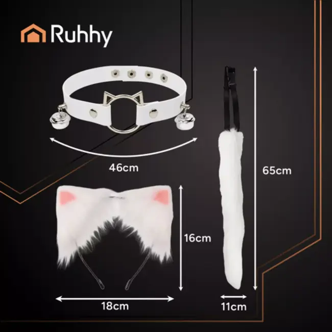 Ruhhy Complete kattenaccessoireset met witte oortjes, pluizige staart en halsband met belletjes