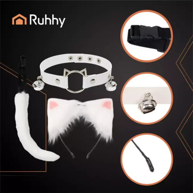 Ruhhy Complete kattenaccessoireset met witte oortjes, pluizige staart en halsband met belletjes