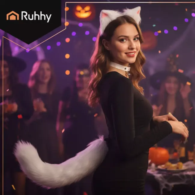 Ruhhy Complete kattenaccessoireset met witte oortjes, pluizige staart en halsband met belletjes