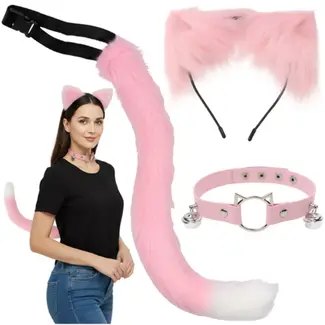 Ruhhy Roze kattenaccessoireset met oortjes, staart en halsband met belletjes