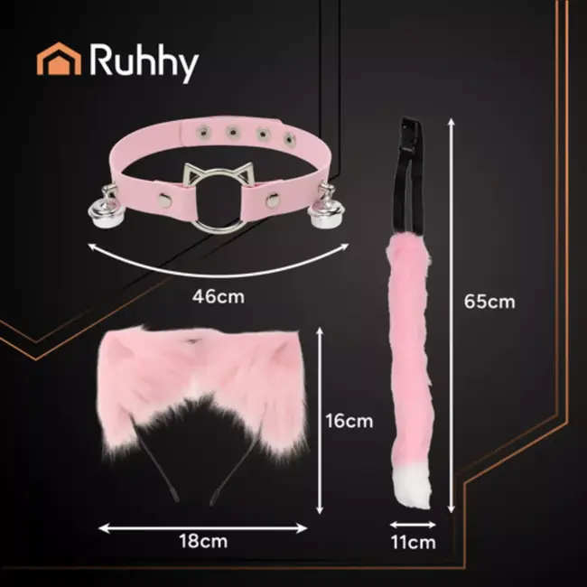Ruhhy Roze kattenaccessoireset met oortjes, staart en halsband met belletjes