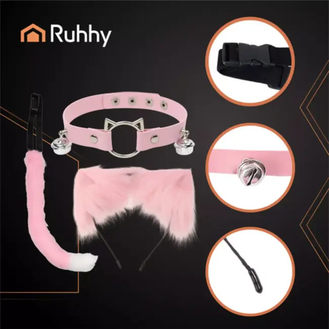 Ruhhy Roze kattenaccessoireset met oortjes, staart en halsband met belletjes