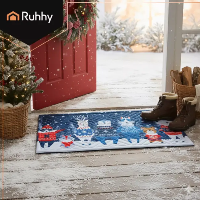 Ruhhy Kerst deurmat 75x45 cm – duurzame antislip mat met kleurrijk wintermotief voor binnen en buiten