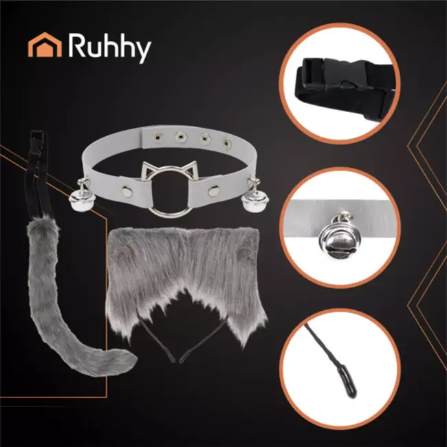 Ruhhy Grijze kattenaccessoireset met oortjes, staart en halsband met belletjes