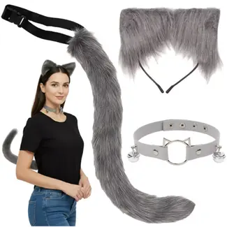 Ruhhy Grijze kattenaccessoireset met oortjes, staart en halsband met belletjes