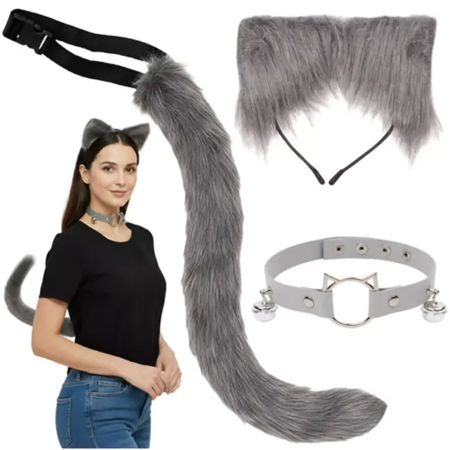 Ruhhy Grijze kattenaccessoireset met oortjes, staart en halsband met belletjes