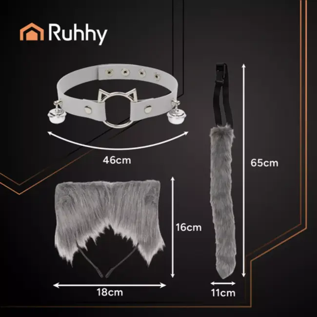 Ruhhy Grijze kattenaccessoireset met oortjes, staart en halsband met belletjes