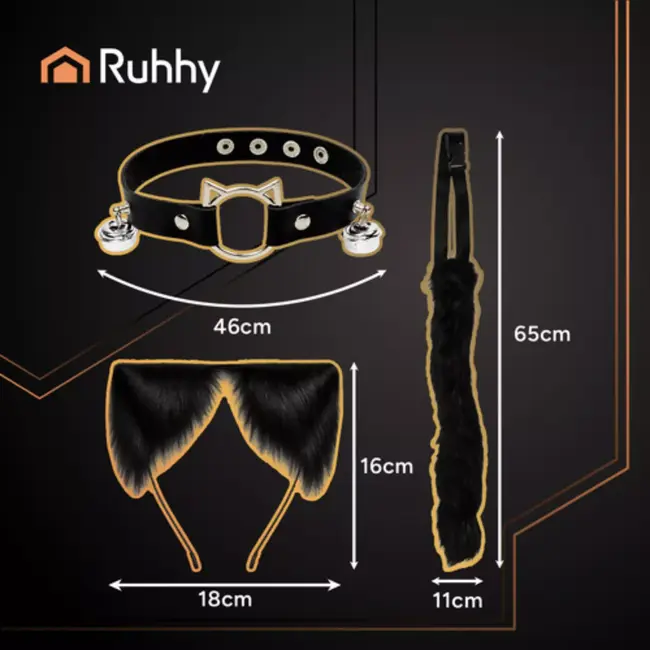 Ruhhy Zwarte kattenaccessoireset met oortjes, staart en halsband met belletjes
