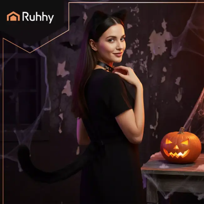 Ruhhy Zwarte kattenaccessoireset met oortjes, staart en halsband met belletjes